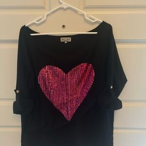 Black Long Sleeve Top with Pink Sequin Heart
